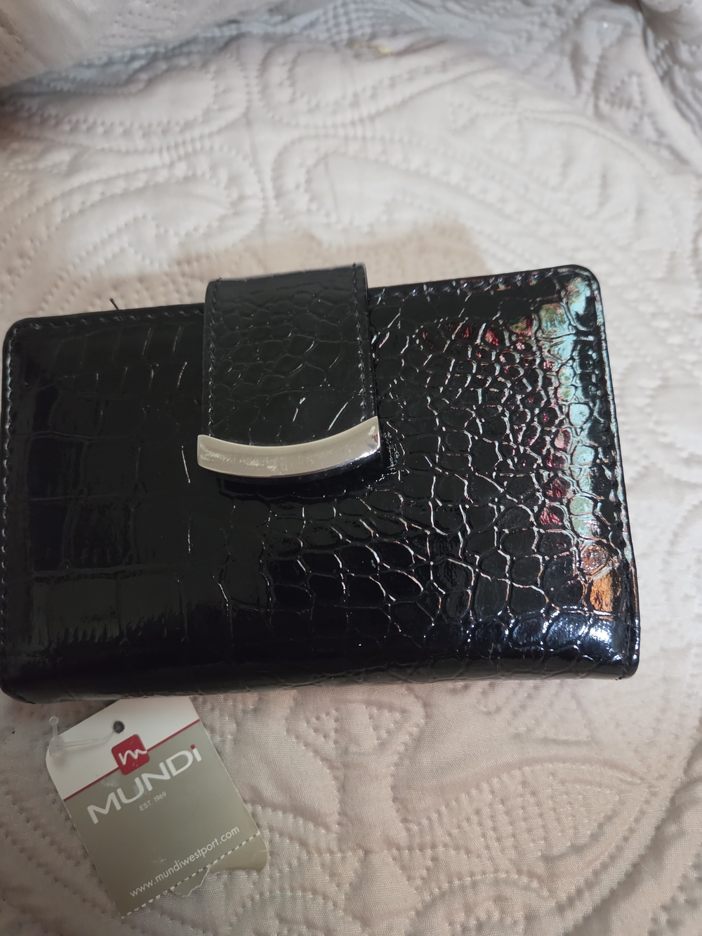 NWT Mundi Black Croc-Embossed Patent Wallet with Silver Accent